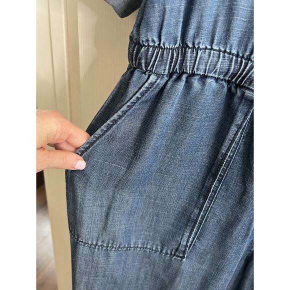 ANN TAYLOR LOFT Linen Blend Drawstring Waist Roll Tab Sleeve Denim Jumpsuit - Picture 8 of 14